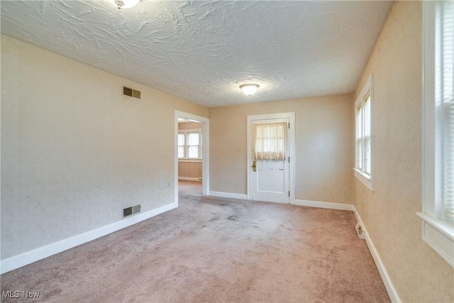 empty room with carpet flooring and a textured ceiling