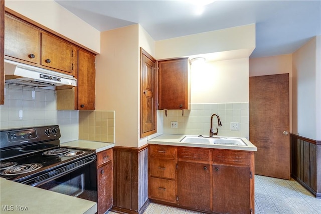 kitchen featuring backsplash, black electric range oven, and sink