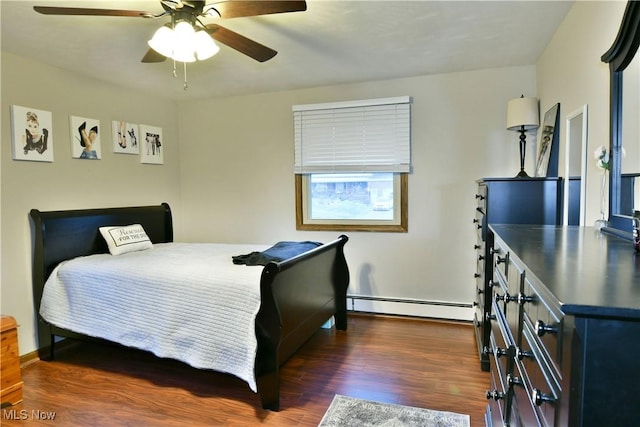 bedroom with dark hardwood / wood-style floors, baseboard heating, and ceiling fan