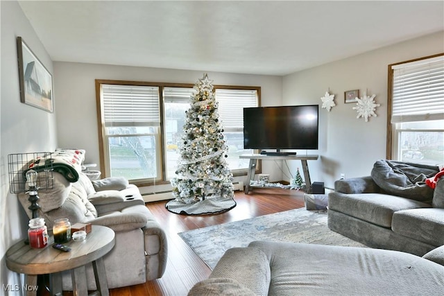 living room with hardwood / wood-style floors and a baseboard radiator