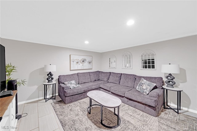 living room featuring light tile patterned floors