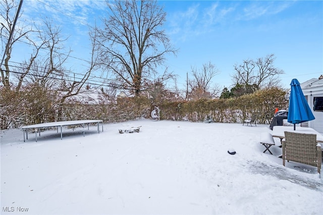 yard layered in snow featuring a trampoline