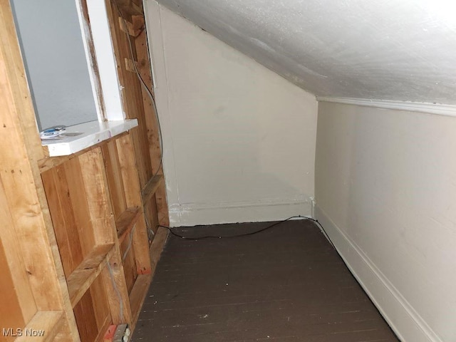 additional living space with dark wood-type flooring and vaulted ceiling