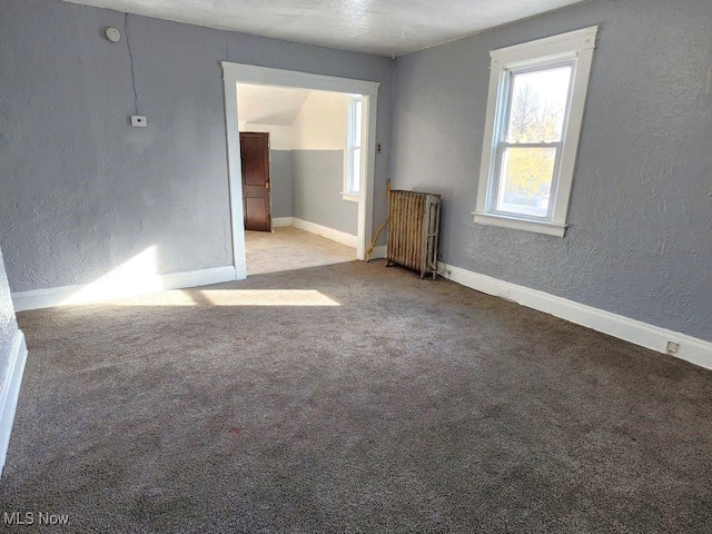 unfurnished room featuring light carpet and radiator