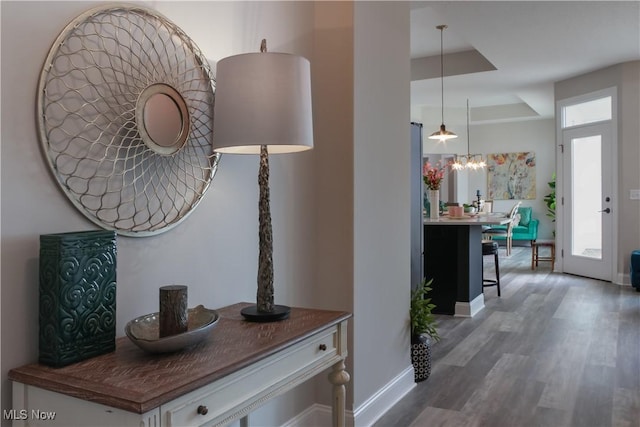 hallway with dark hardwood / wood-style floors and plenty of natural light