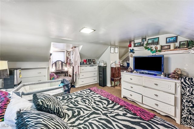 bedroom with light carpet and lofted ceiling