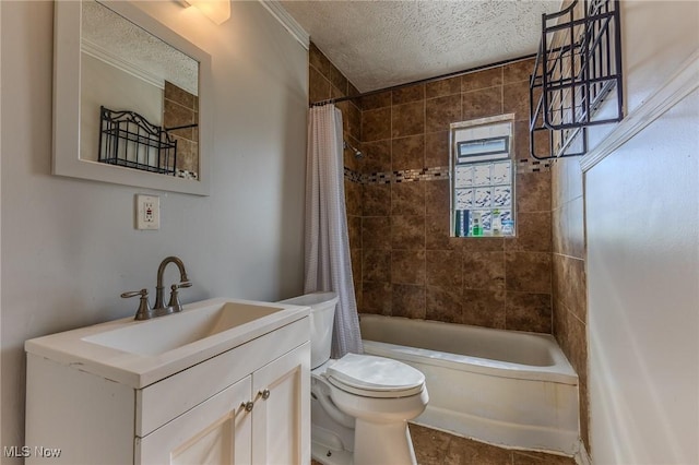 full bathroom with vanity, toilet, a textured ceiling, and shower / tub combo with curtain