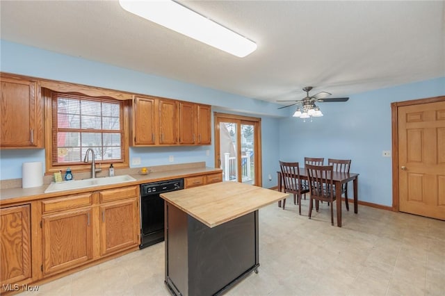 kitchen with butcher block countertops, ceiling fan, dishwasher, and sink