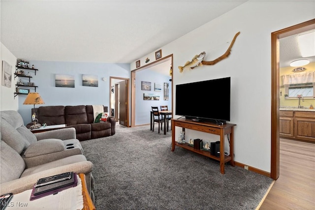 living room with lofted ceiling, sink, and light hardwood / wood-style flooring