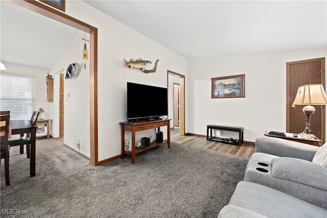 living room with hardwood / wood-style floors and lofted ceiling