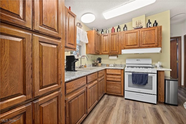 kitchen featuring light stone countertops, light wood-type flooring, white gas range oven, a textured ceiling, and sink