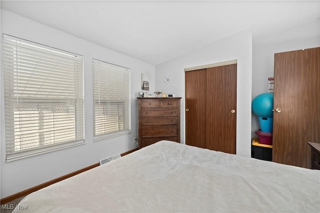 bedroom with a closet and lofted ceiling