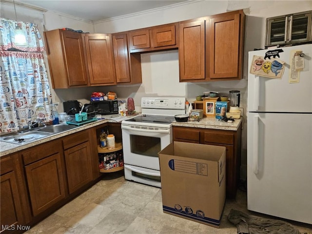 kitchen featuring white appliances, sink, and ornamental molding