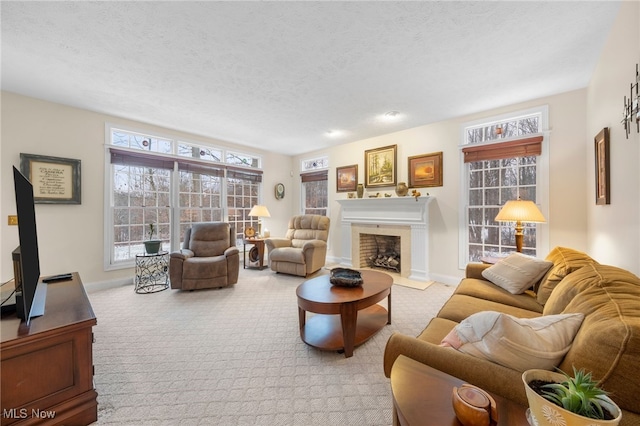 carpeted living room with a textured ceiling