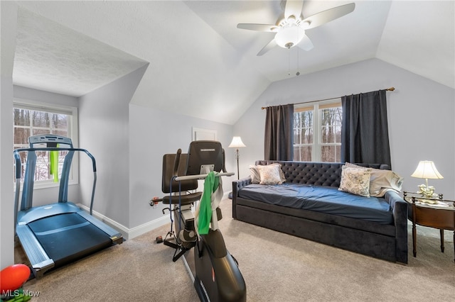 exercise area featuring carpet, a healthy amount of sunlight, and lofted ceiling