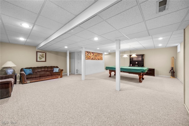 recreation room with a paneled ceiling, carpet floors, and billiards