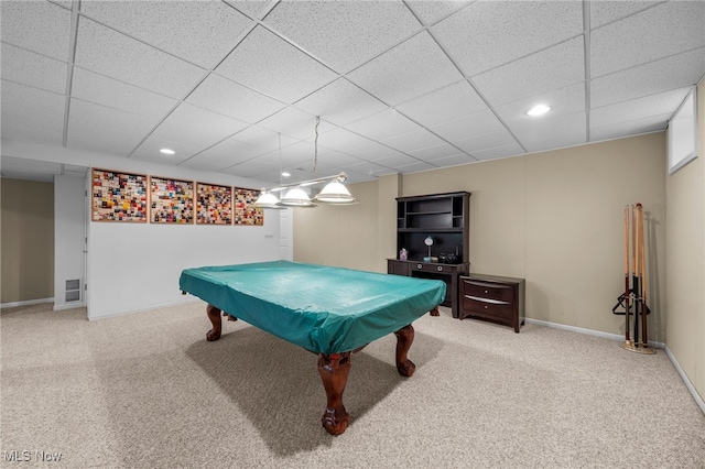 rec room featuring carpet floors, a drop ceiling, and pool table