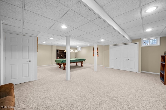 game room with a paneled ceiling, carpet, and billiards