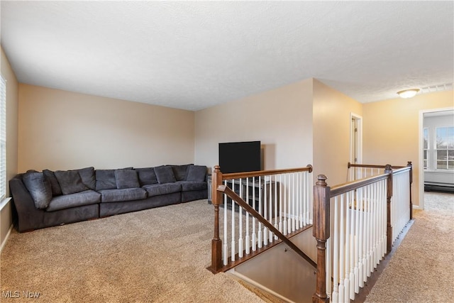 living room with a textured ceiling and carpet floors