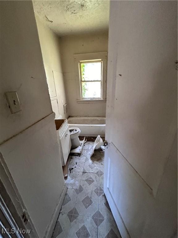 bathroom with vanity, toilet, and a tub