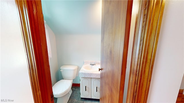 bathroom with vanity, hardwood / wood-style flooring, and toilet