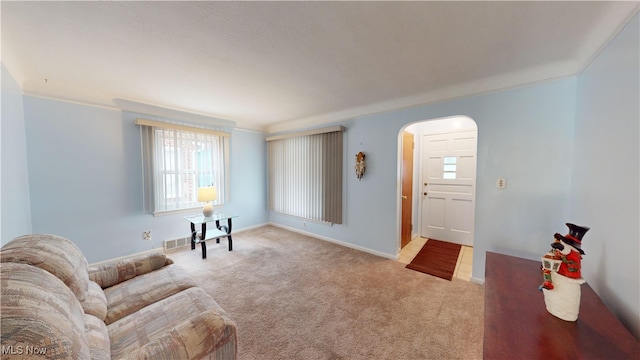 carpeted living room with crown molding