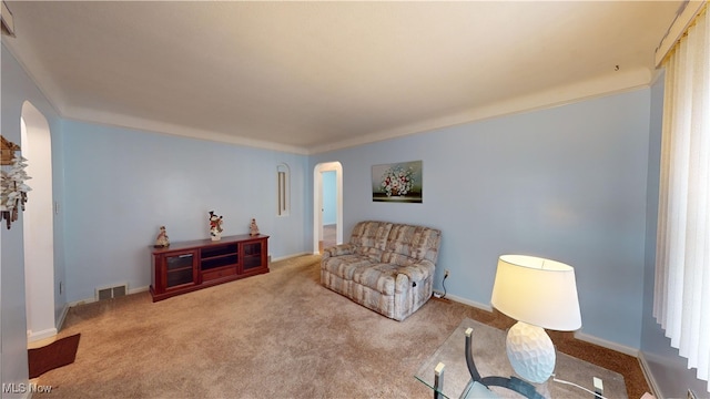 sitting room with carpet flooring and ornamental molding