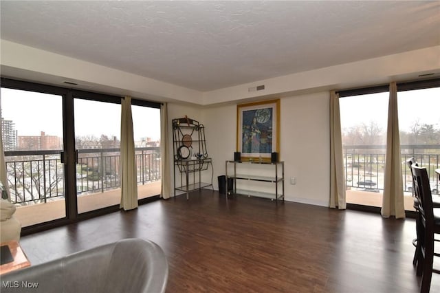 interior space with dark hardwood / wood-style flooring and a textured ceiling