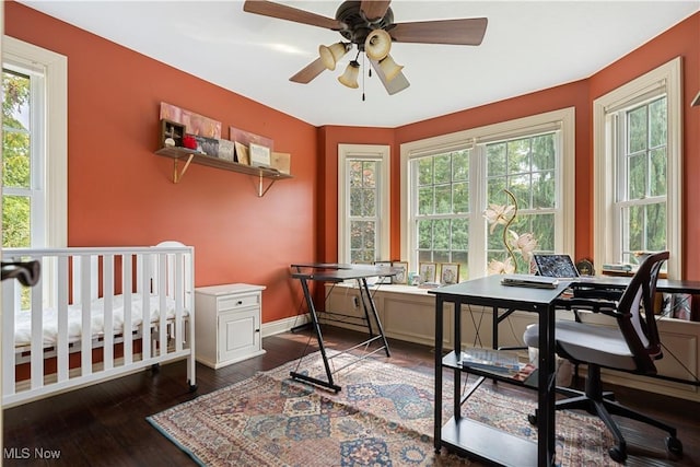 bedroom featuring ceiling fan, dark wood-type flooring, and multiple windows