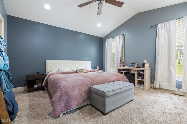 bedroom featuring carpet flooring, ceiling fan, and lofted ceiling