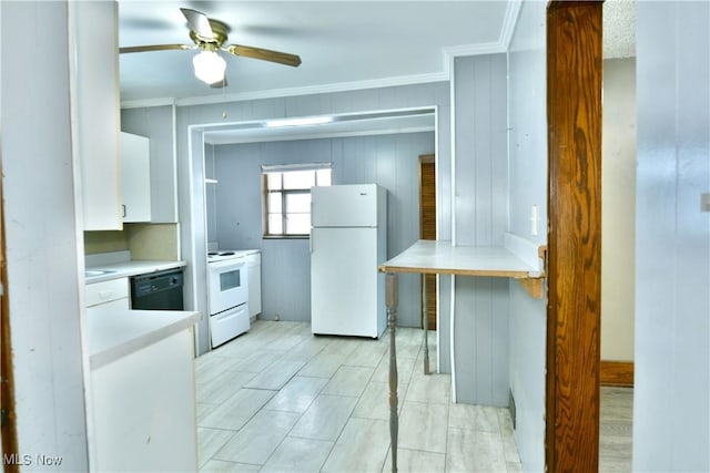 kitchen with white cabinets, white appliances, ceiling fan, and crown molding