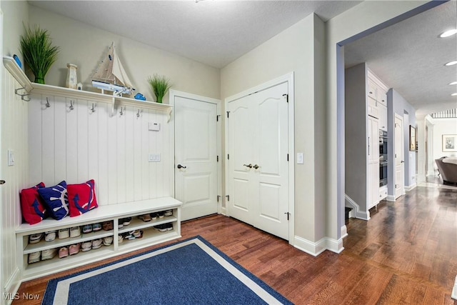 mudroom featuring dark wood-type flooring and a textured ceiling