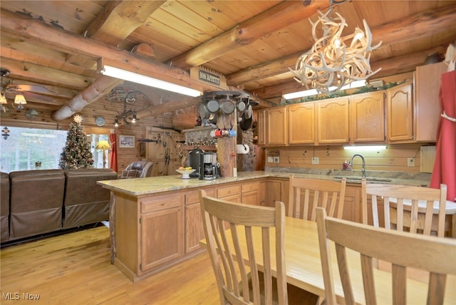 kitchen featuring beamed ceiling, light hardwood / wood-style floors, wooden ceiling, and pendant lighting