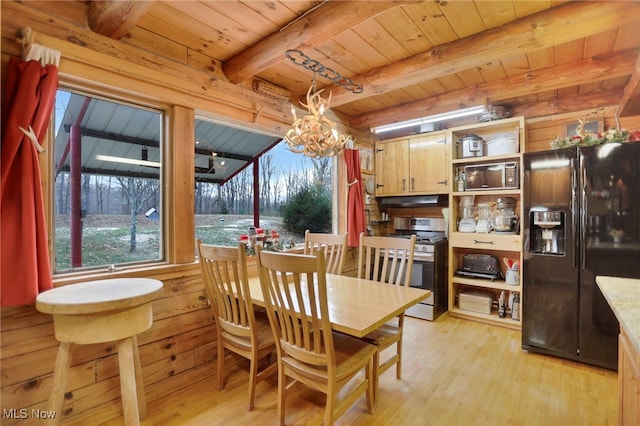 dining room featuring wood walls, light hardwood / wood-style flooring, beamed ceiling, a notable chandelier, and wood ceiling