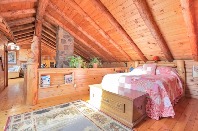 bedroom featuring hardwood / wood-style floors, lofted ceiling with beams, wood ceiling, and wood walls