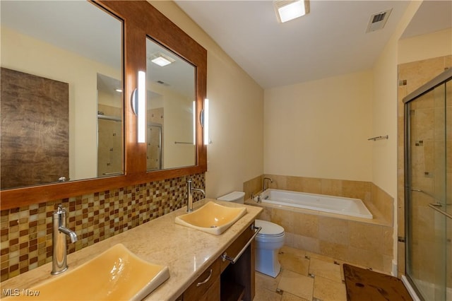 full bathroom featuring tile patterned flooring, decorative backsplash, separate shower and tub, and vanity