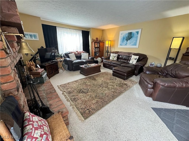 carpeted living room with a textured ceiling