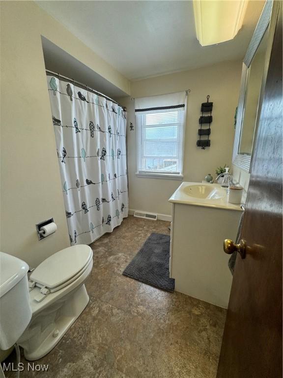 bathroom with vanity, toilet, and walk in shower