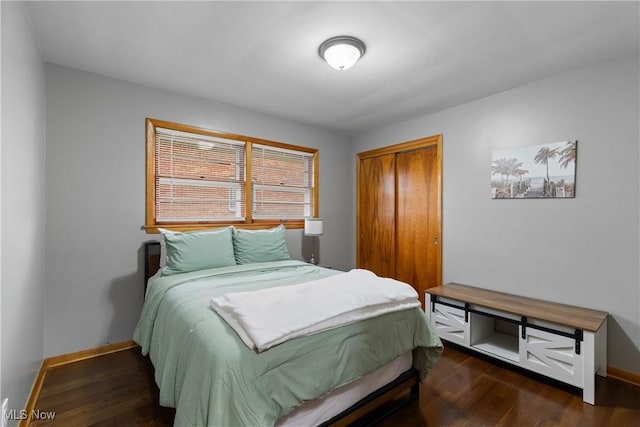 bedroom with dark wood-type flooring and a closet