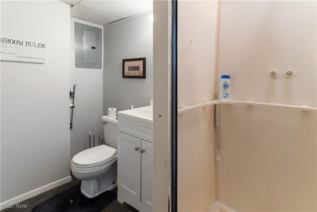 bathroom with vanity, electric panel, and toilet