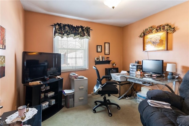 home office featuring light carpet