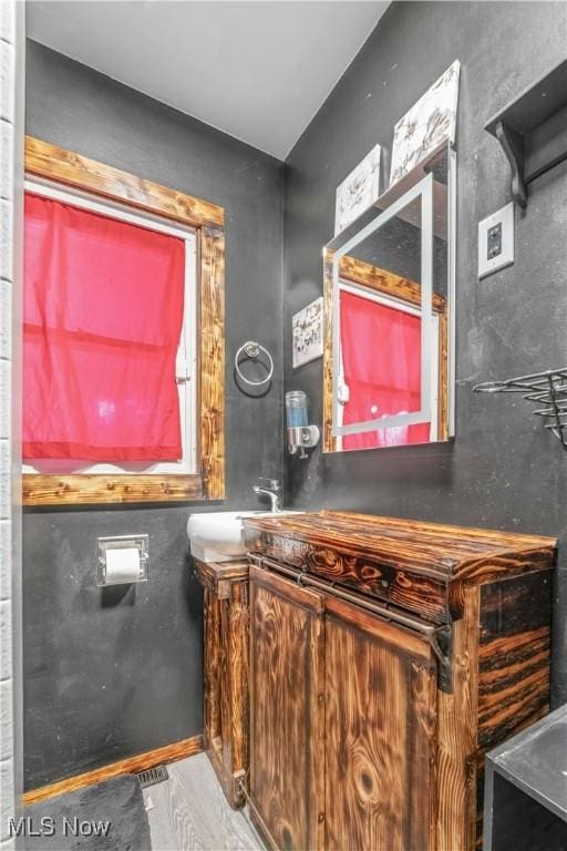 bathroom featuring vanity and wood-type flooring