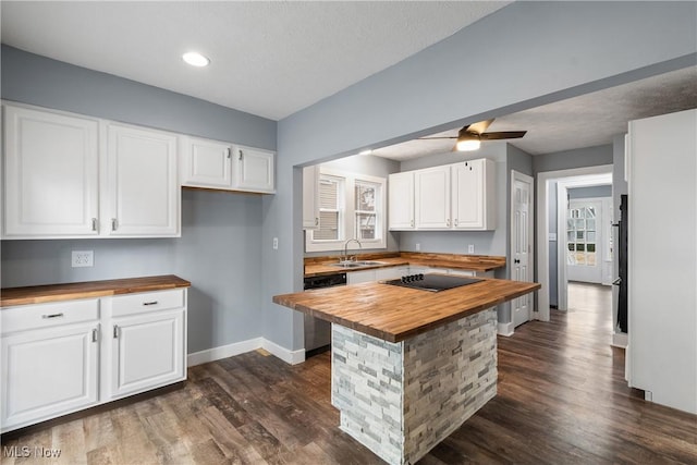 kitchen with wood counters, white cabinets, sink, stainless steel dishwasher, and dark hardwood / wood-style floors