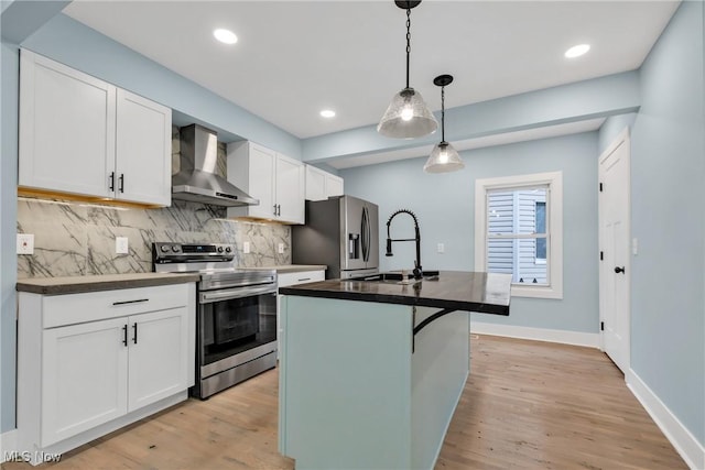 kitchen featuring stainless steel appliances, a sink, wall chimney range hood, decorative backsplash, and dark countertops