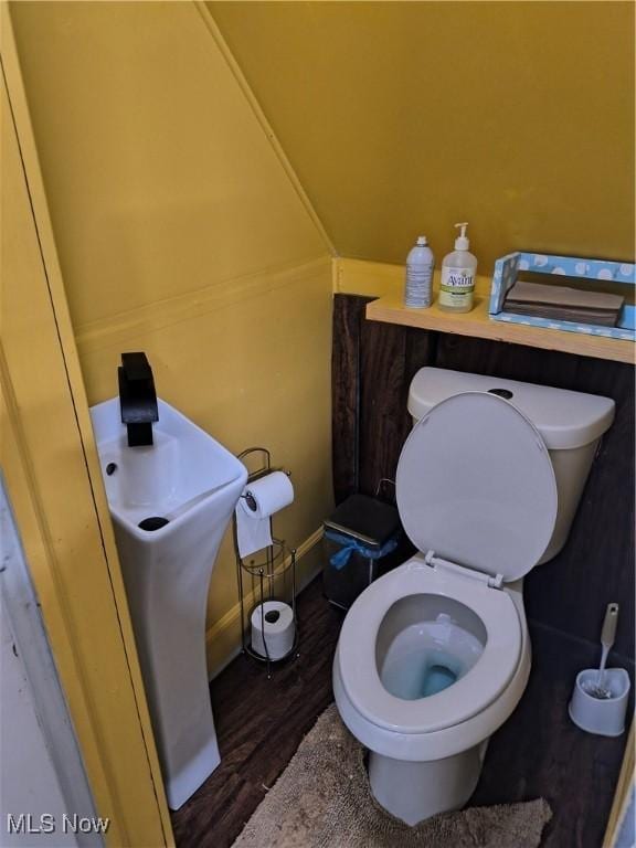 bathroom with wood-type flooring and toilet