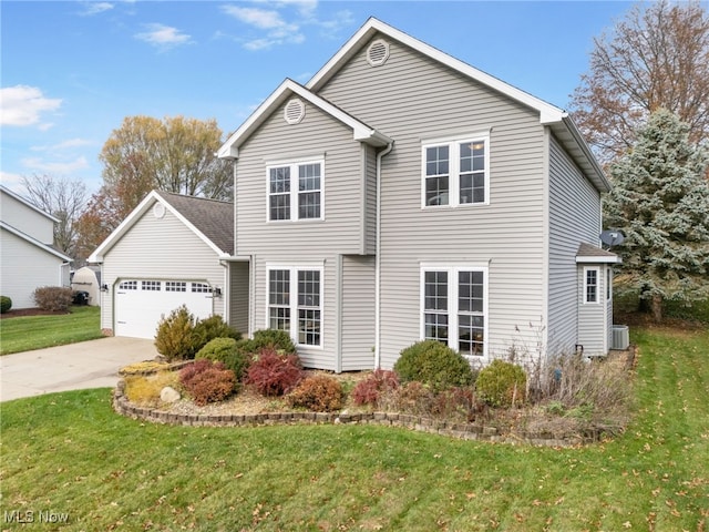 view of front of house with a garage, a front lawn, and central air condition unit