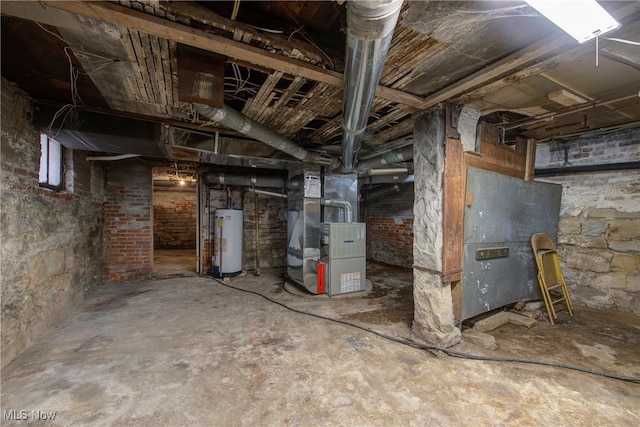 basement with heating unit and water heater