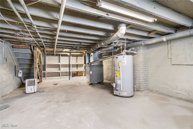 basement with heating unit and gas water heater