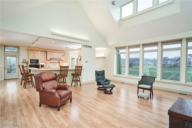 living room featuring light wood-type flooring, rail lighting, and high vaulted ceiling