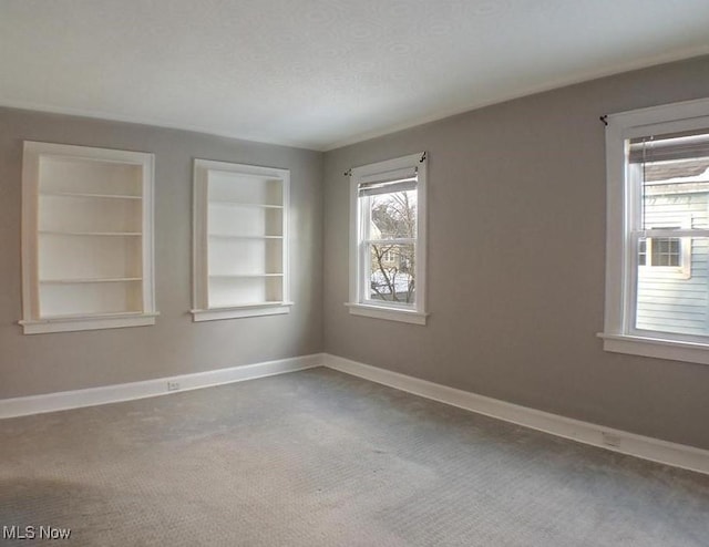 spare room featuring carpet and built in features